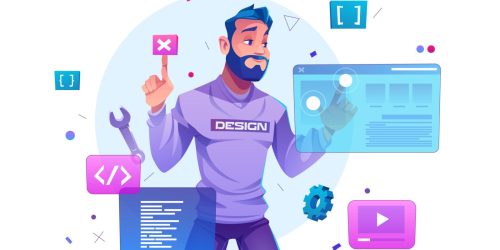 Web development, programmer engineering and coding website on augmented reality interface screens. developer project engineer programming software or application design, Cartoon vector illustration